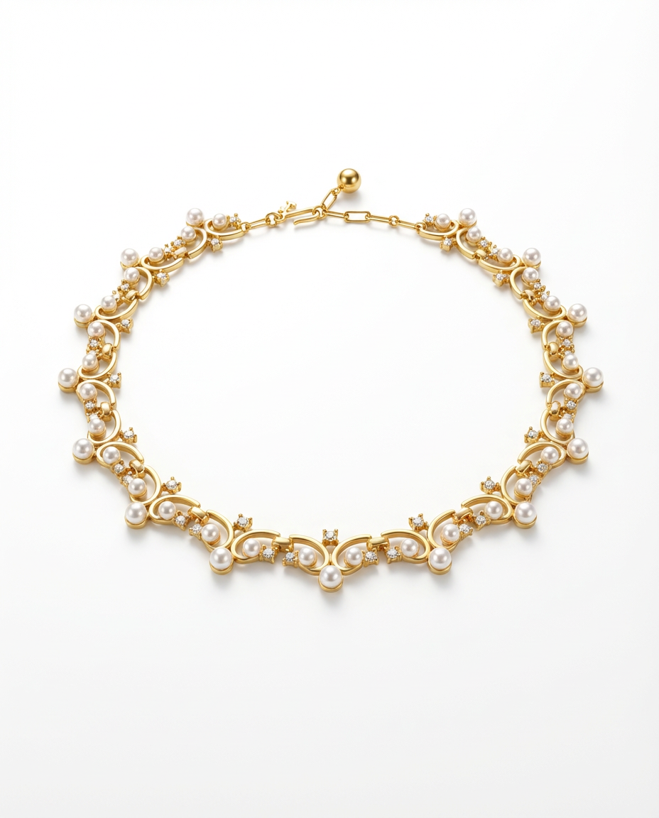 Gold necklace with pearls on a white background
