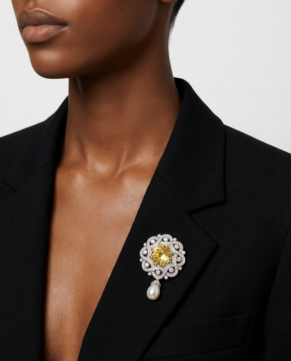 Woman wearing a black blazer with a decorative brooch featuring a yellow gemstone and pearl.