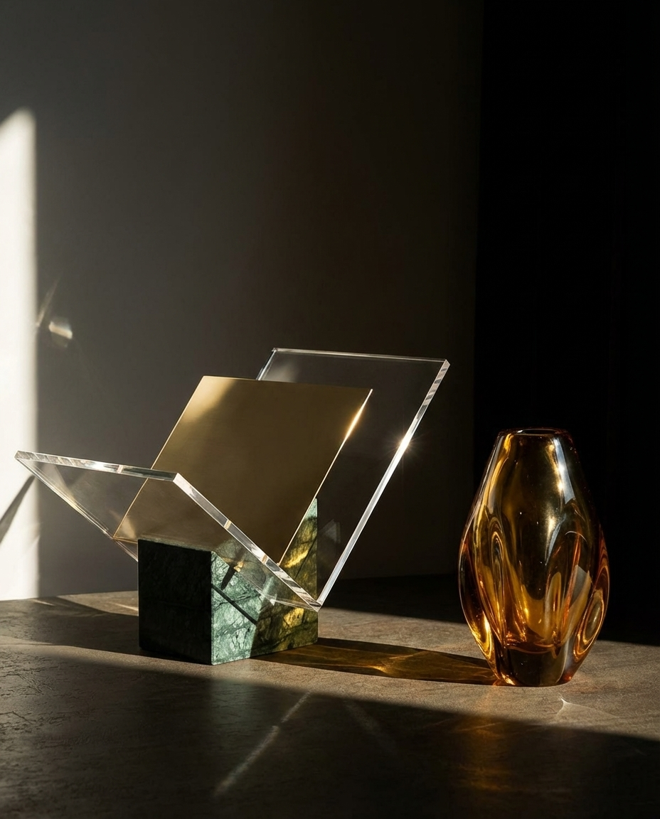 Modern glass sculpture and amber glass vase on a dark surface with a dark background