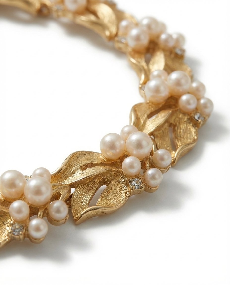 Gold bracelet with pearls on a white background