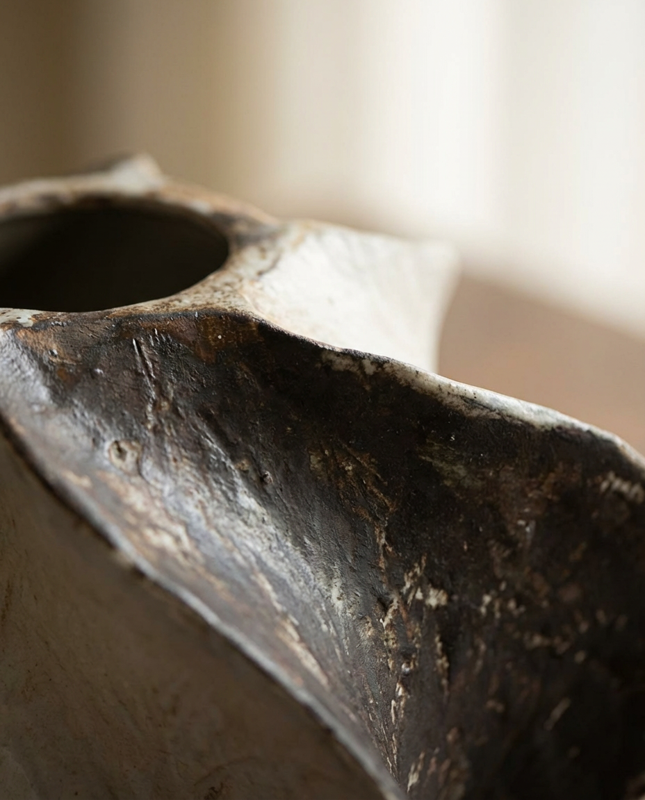 Close-up of a rustic metal vase with a blurred background