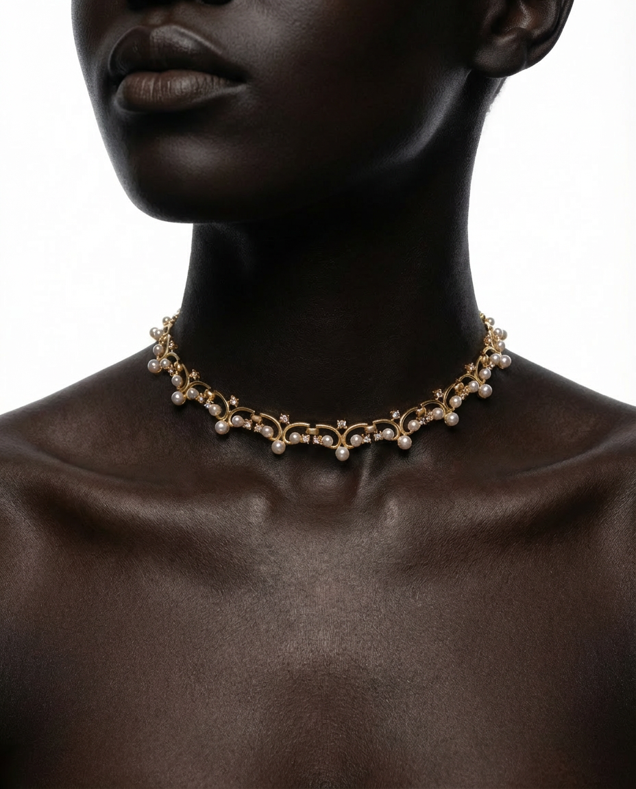 Necklace on a mannequin with a plain background