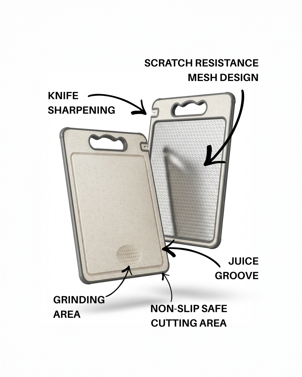 Cutting board with features labeled on a white background