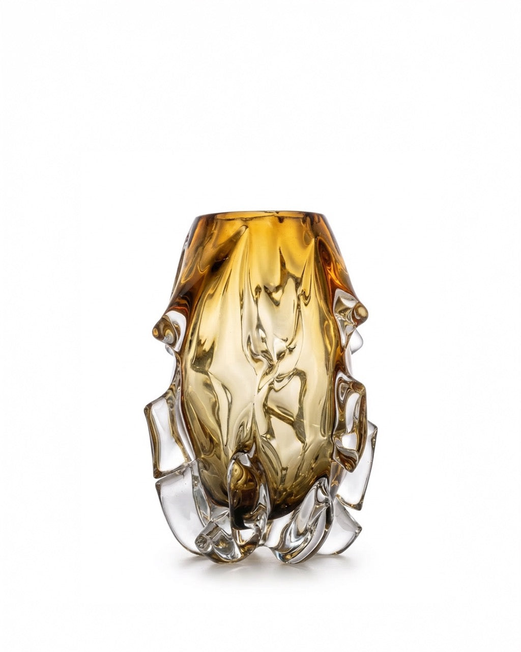 Decorative glass vase with amber and clear design on a white background