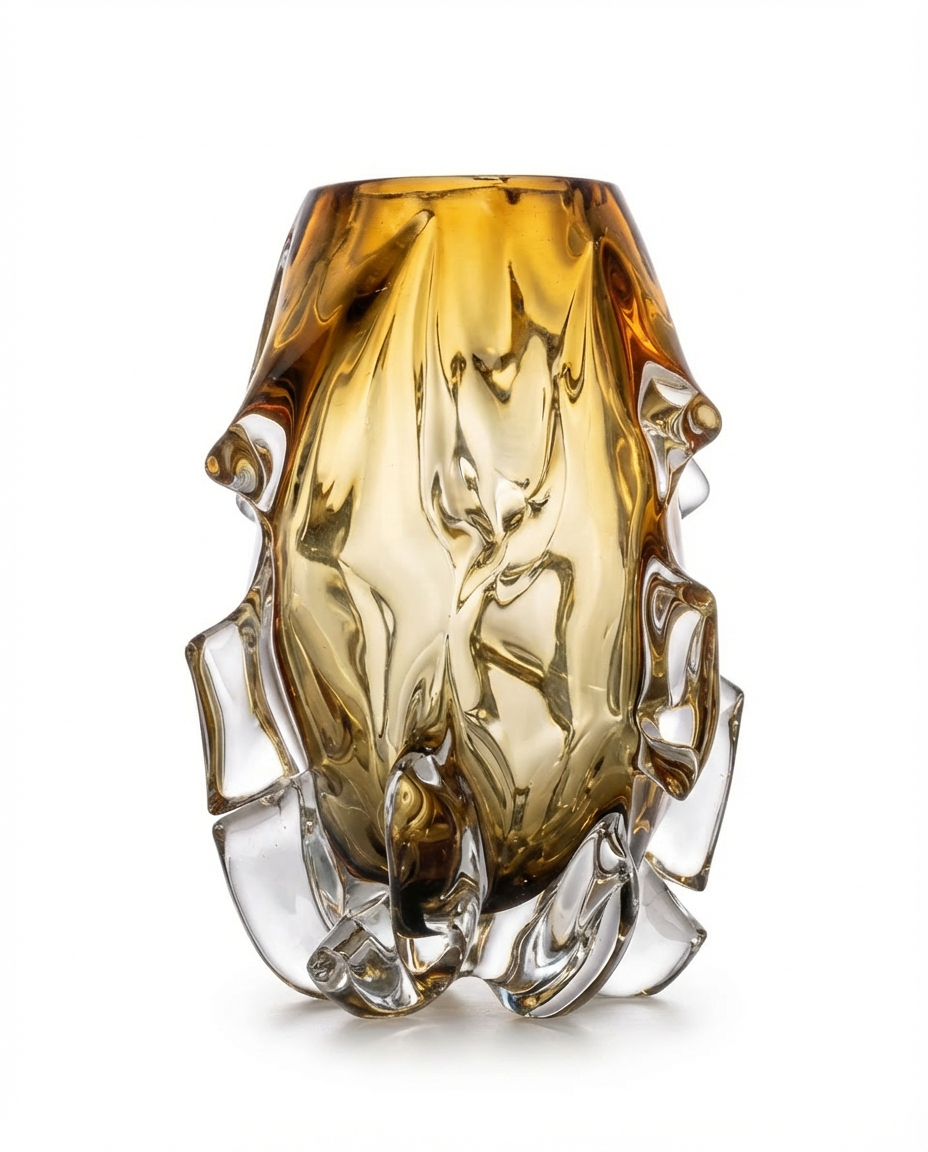 Decorative glass vase with amber and clear design on a white background