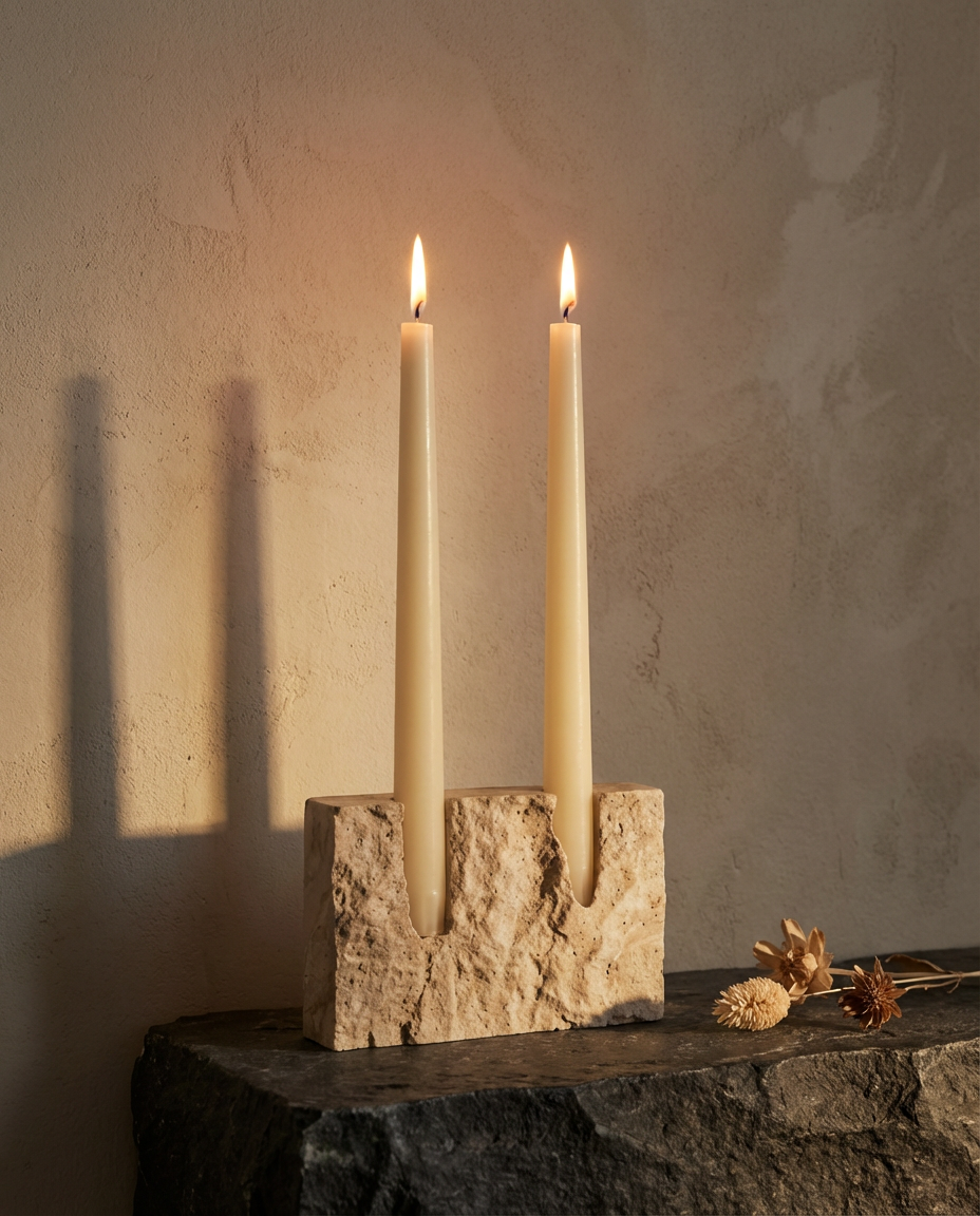 Two lit candles in a stone candle holder against a textured wall.