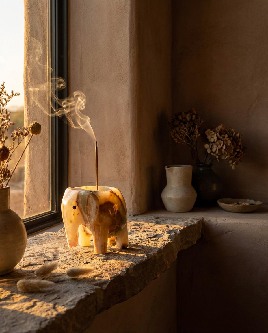 Decorative elephant candle with smoke on a windowsill with natural light.