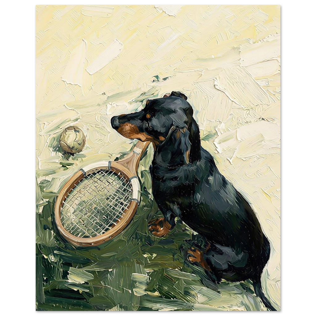 Impressionist fine art print of a black dachshund sitting beside a vintage wooden tennis racket and tennis ball, painted in expressive textured brushstrokes.