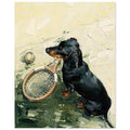Impressionist fine art print of a black dachshund sitting beside a vintage wooden tennis racket and tennis ball, painted in expressive textured brushstrokes.