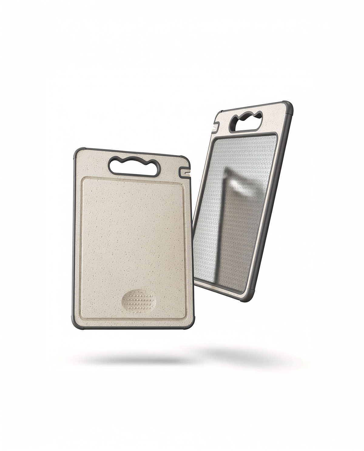 Beige cutting board with a clear protective膜 on a white background