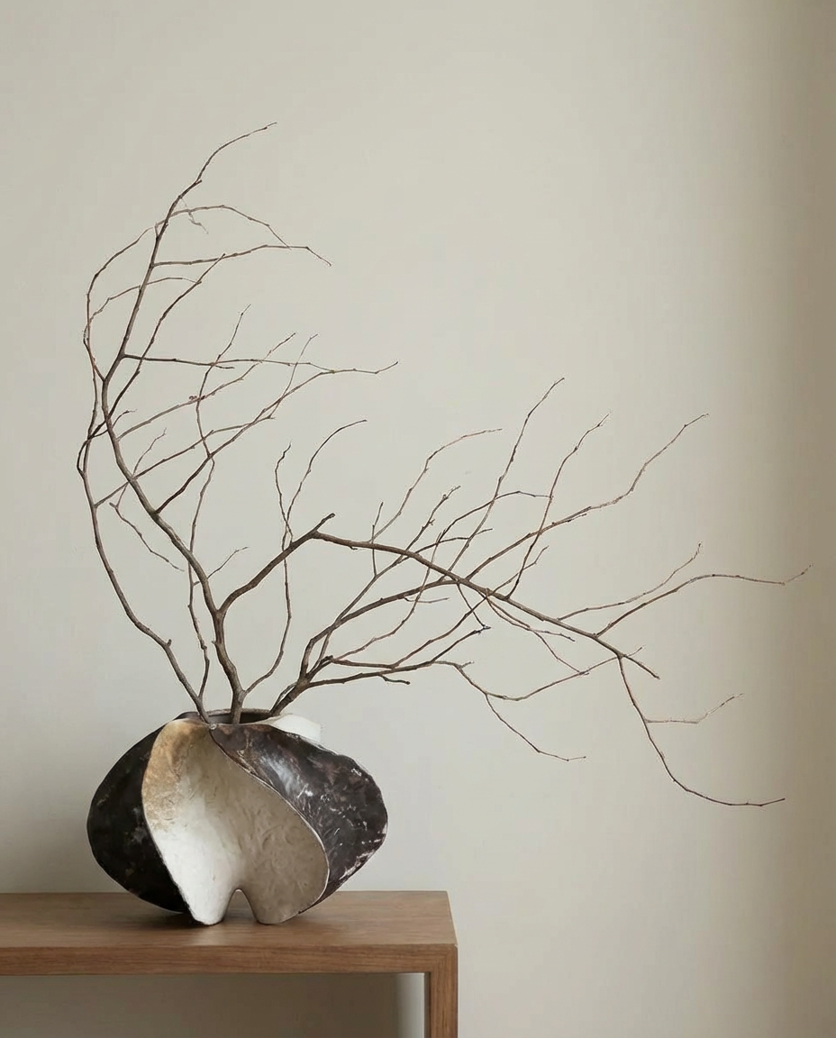 Decorative vase with branches on a wooden surface against a plain wall