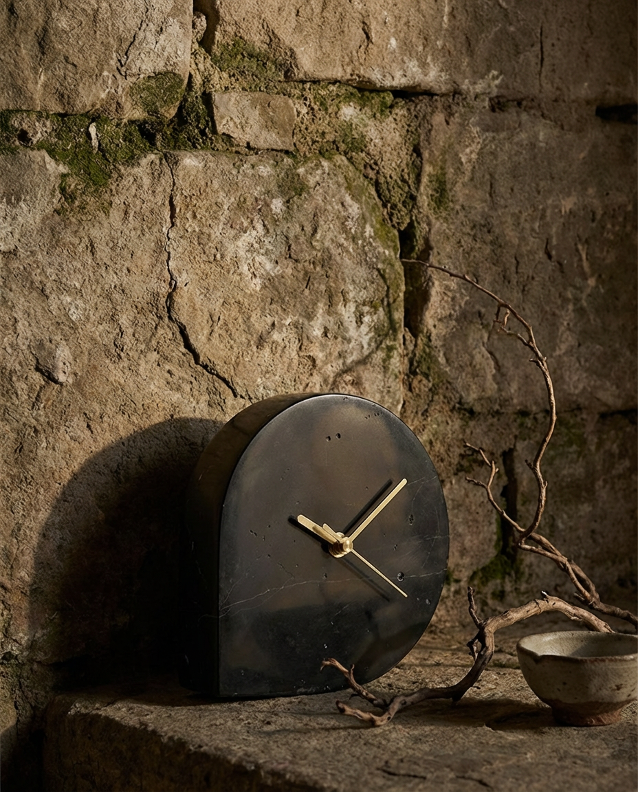 Dark clock on a stone surface with a rustic stone wall background