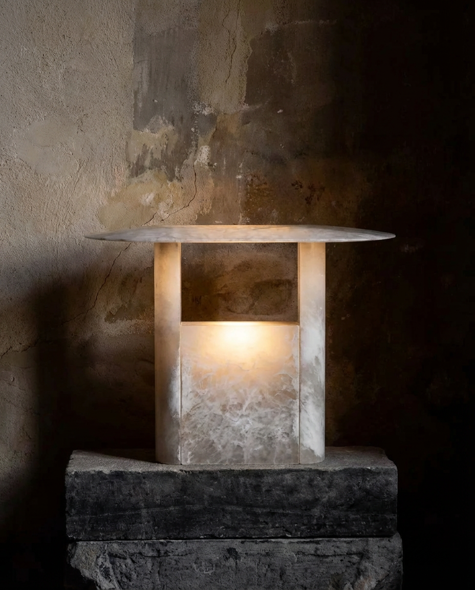 Stone table with a light fixture against a textured wall