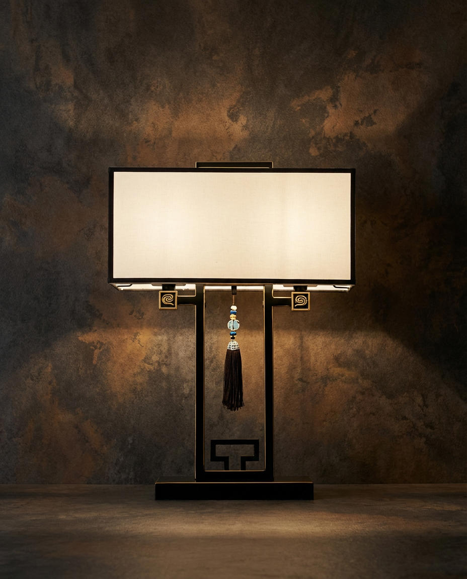 Decorative table lamp with a tassel on a textured wall background