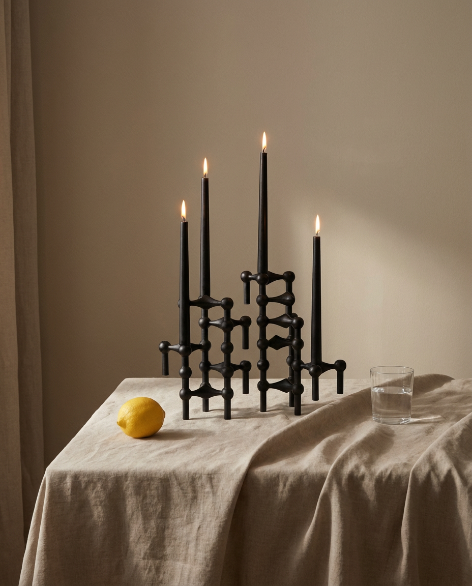 Black candle holders with lit candles on a tablecloth-covered table against a beige wall.