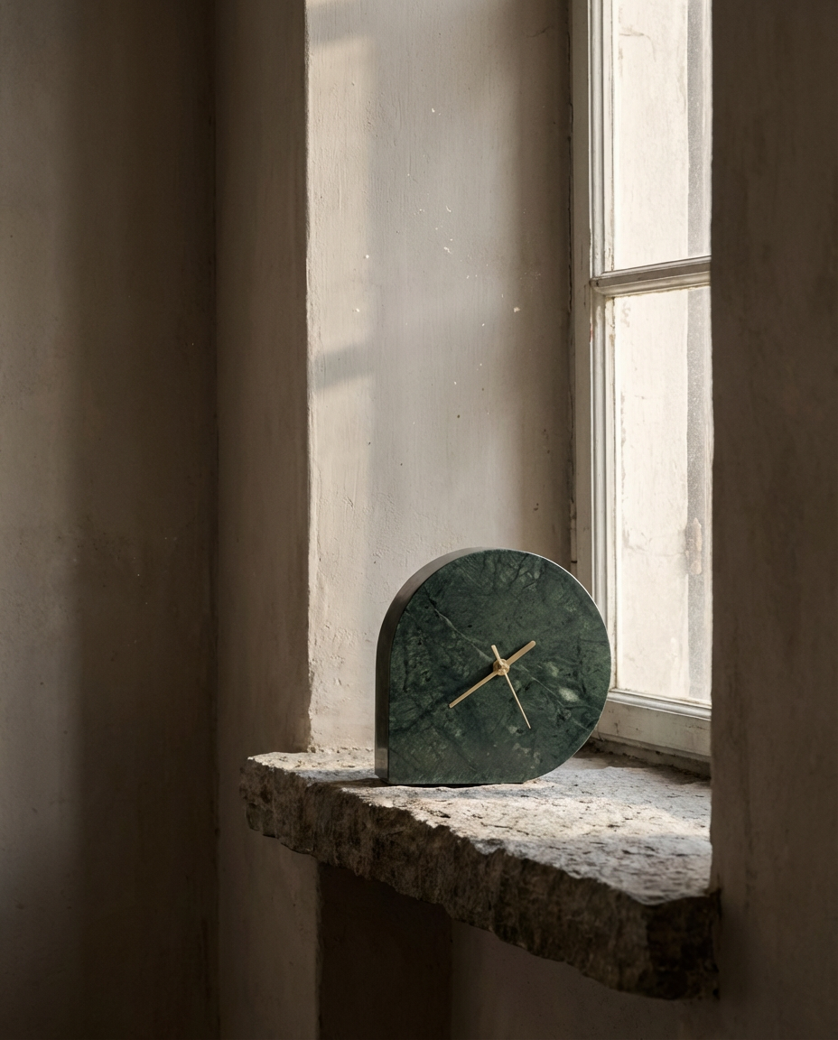 Green marble clock on a stone ledge with a window in the background