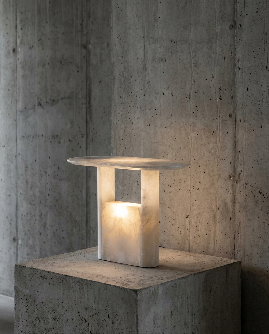 Modern stone table lamp on a concrete block against a textured wall.