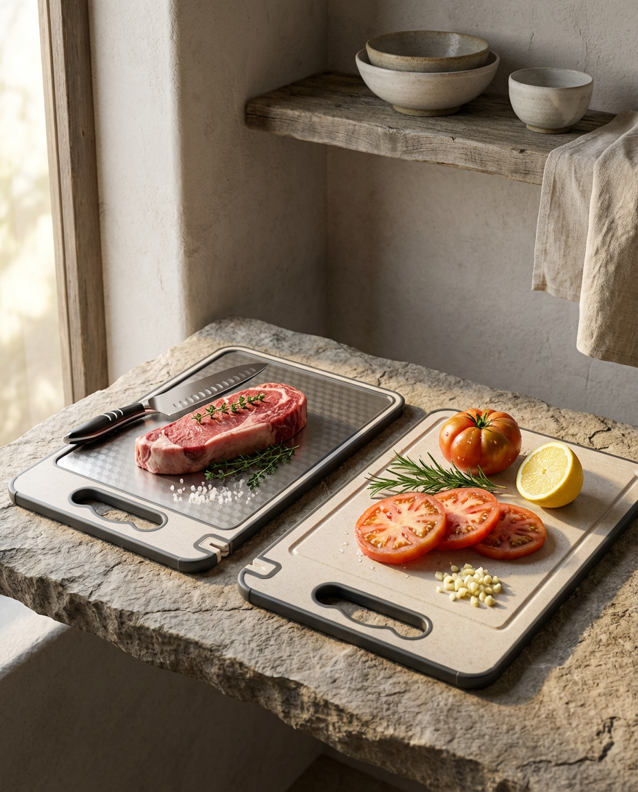 Raw steak on a metal tray with a cutting board featuring tomatoes and lemon on a stone countertop.