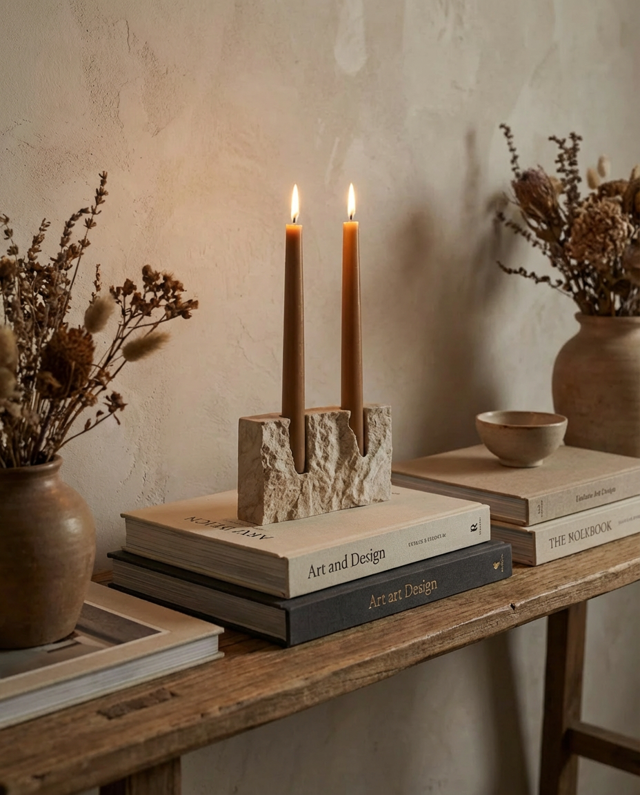 Two lit candles in a stone holder on books with decorative elements on a wooden surface.