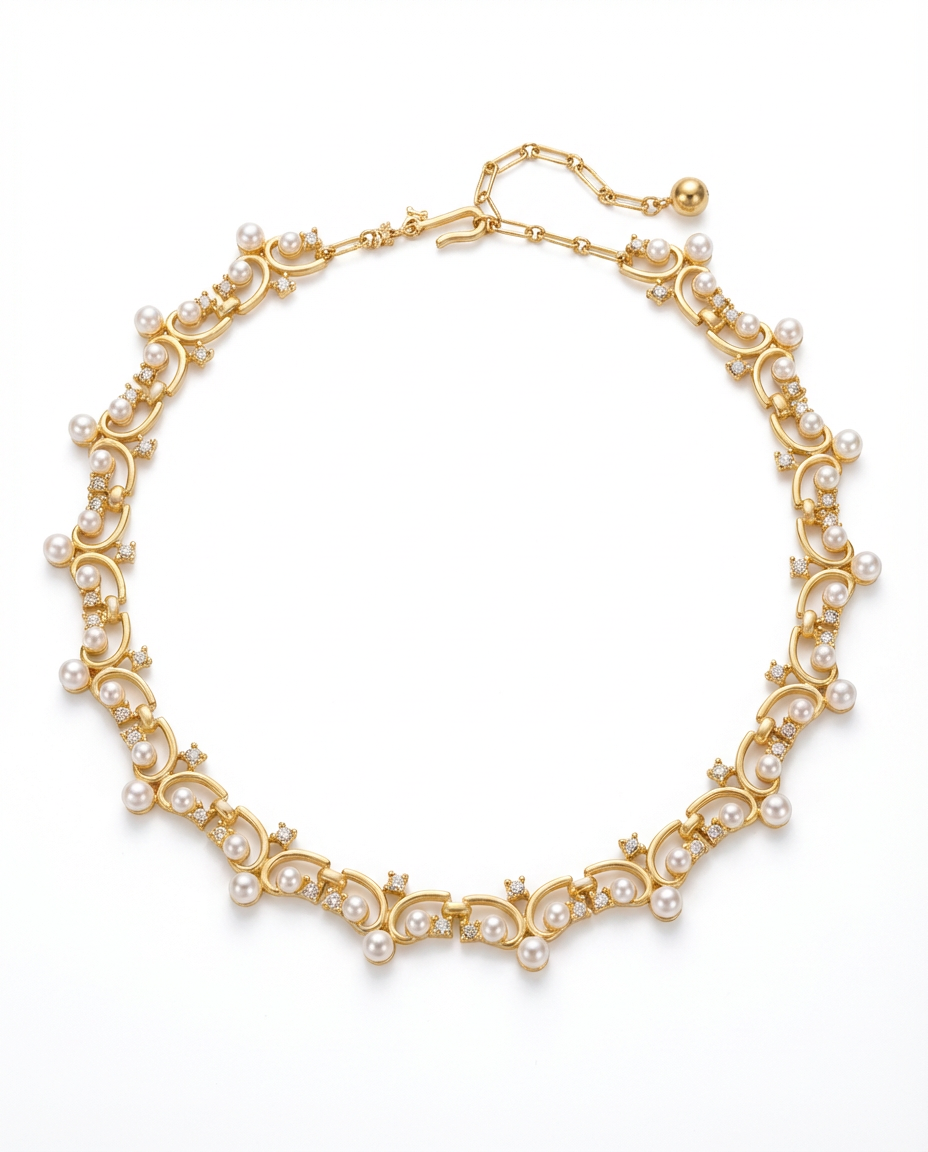 Gold necklace with pearls on a white background