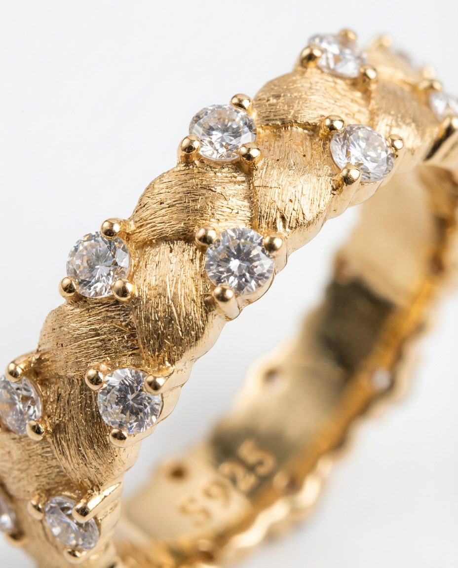 Gold ring with diamond stones on a white background