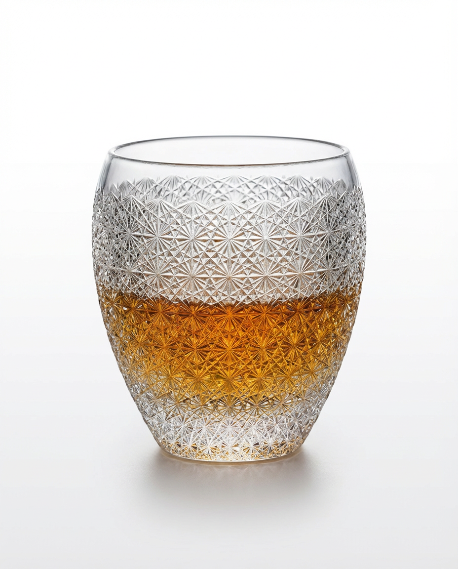 Decorative glass with textured design and amber liquid on a white background