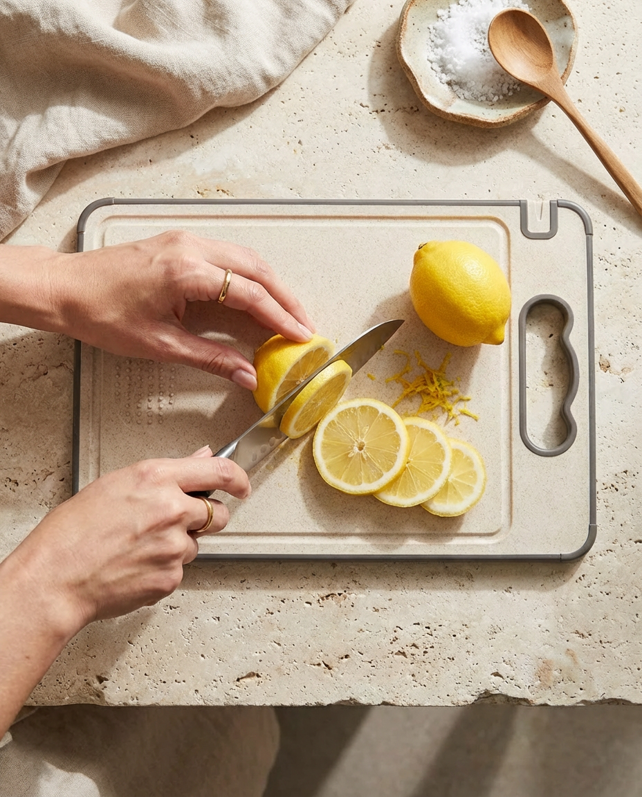 Person slicing lemons on a cutting board with a knife, surrounded by lemons and a wooden spoon.