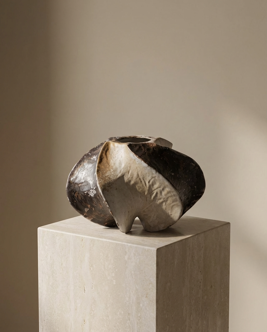 Abstract sculpture on a pedestal against a neutral background