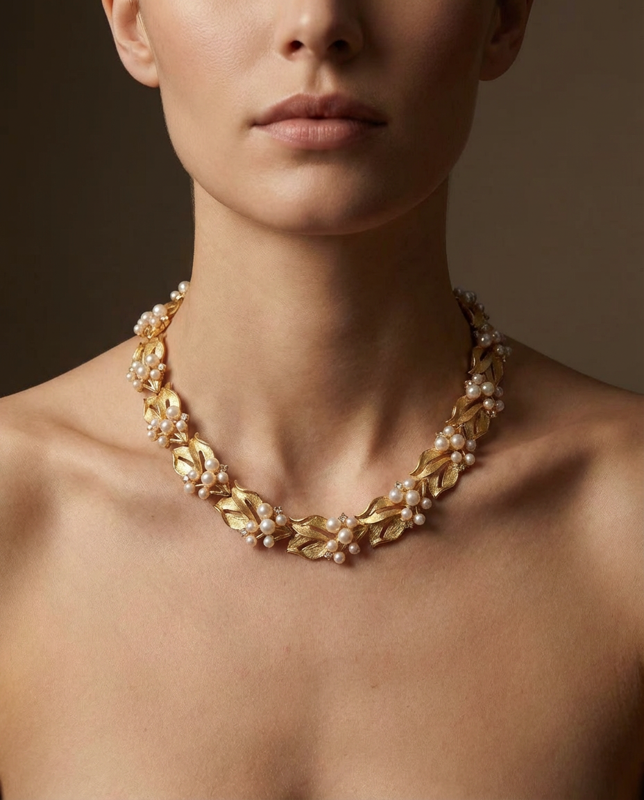 Gold necklace with pearls on a model against a dark background