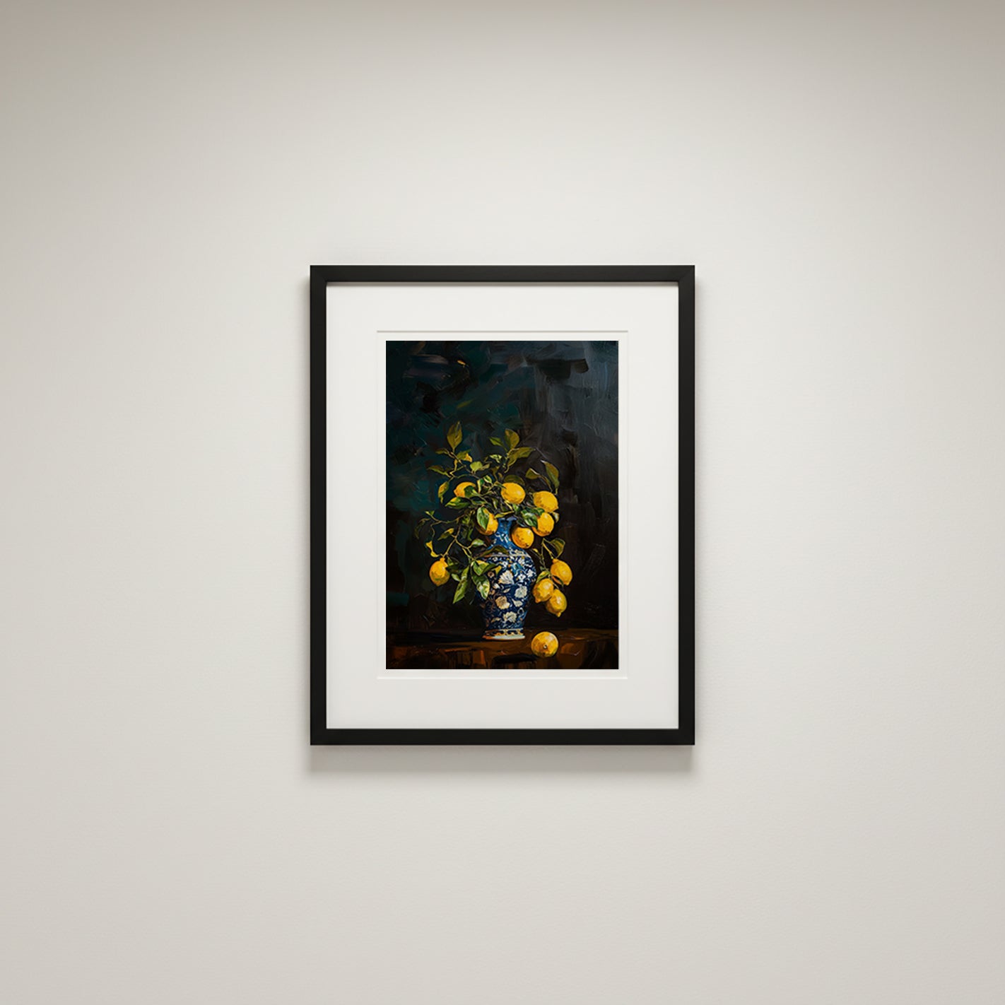 Framed artwork of a still life with lemons and a vase on a white wall.