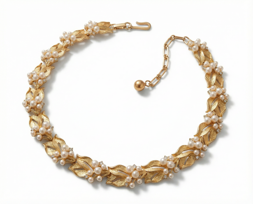 Gold necklace with pearl accents on a white background