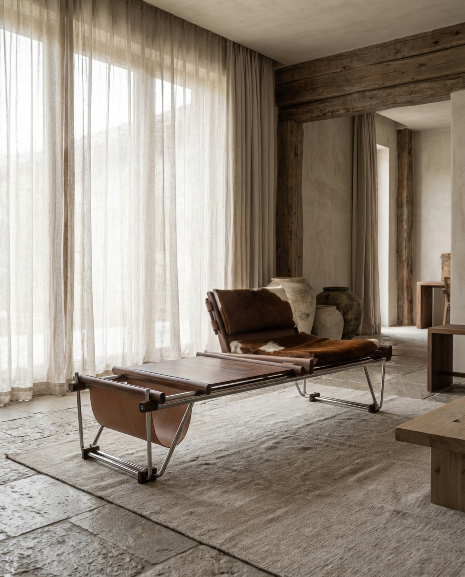 Modern lounge chair in a stylish room with large windows and wooden decor.