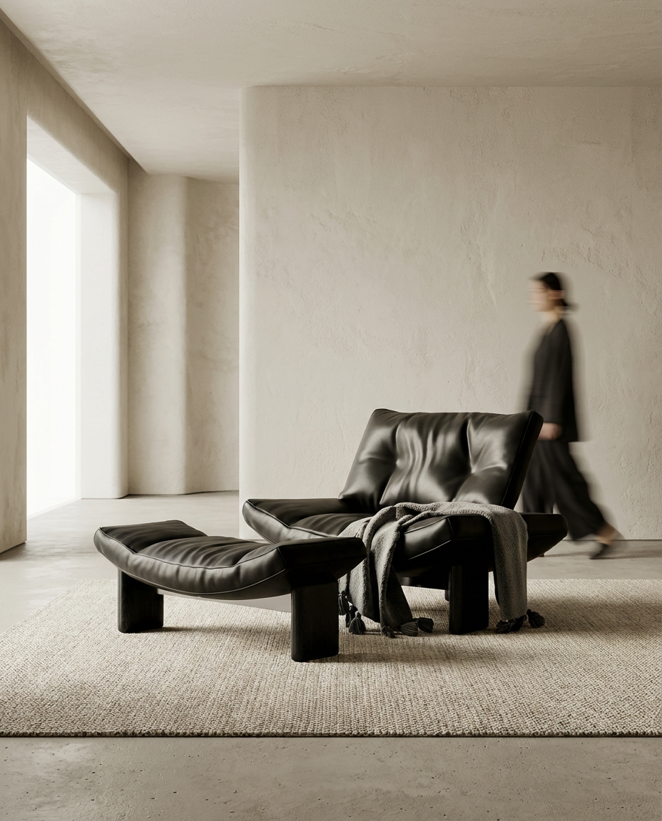Modern black leather lounge chair in a minimalistic room with a person in the background.