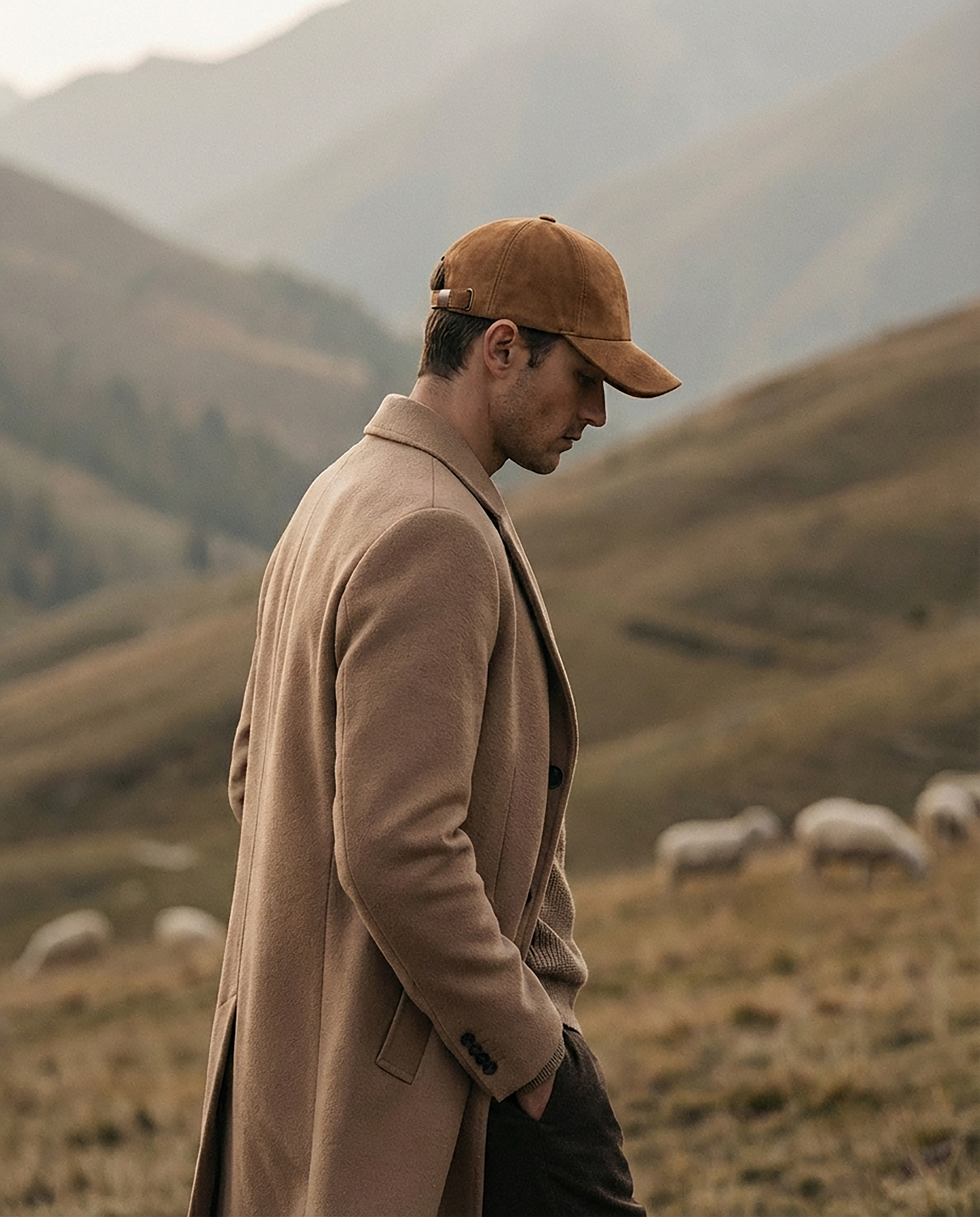Man in a beige coat and cap standing in a mountainous landscape with sheep.