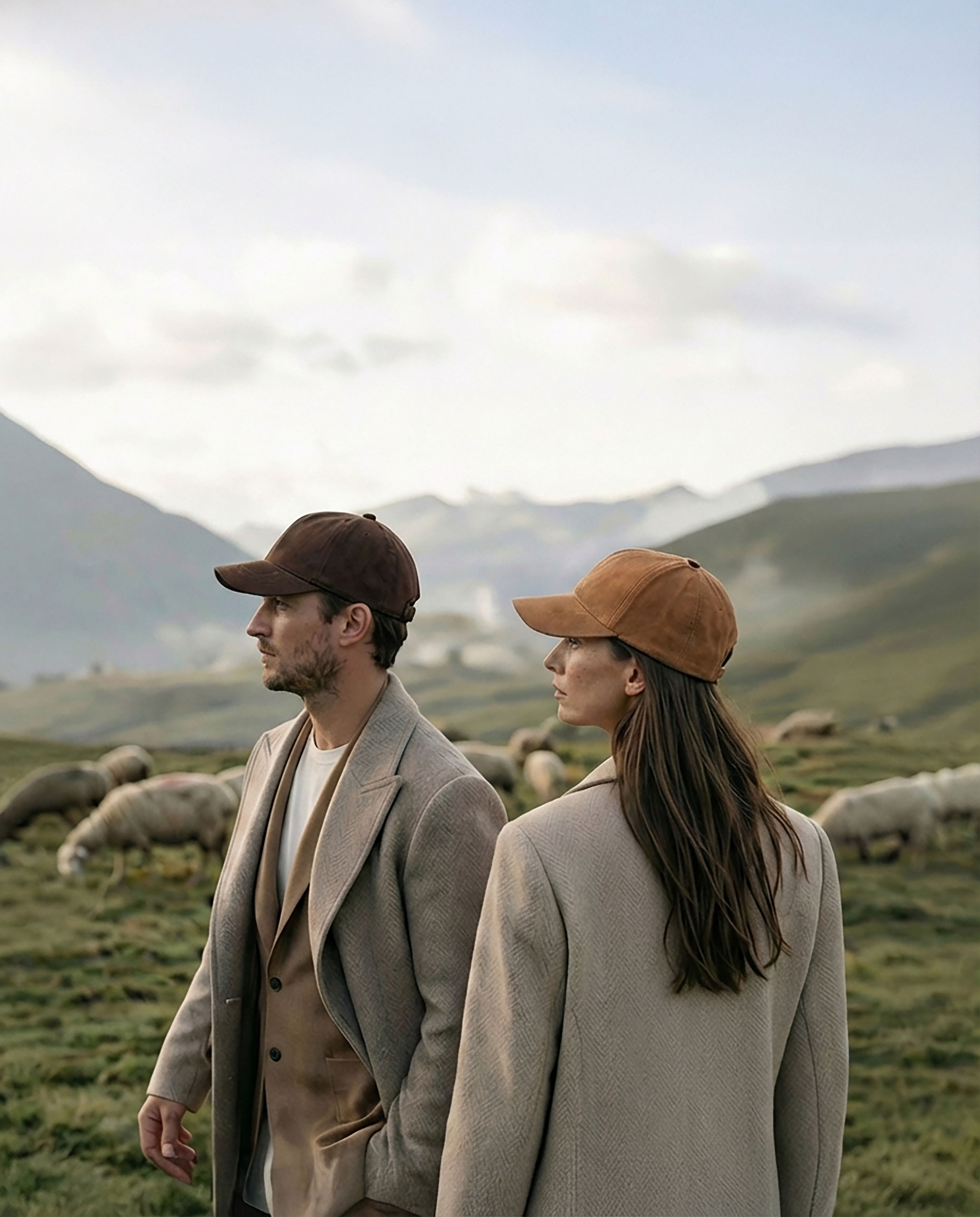 Two people wearing brown caps and coats standing in a field with sheep and mountains in the background.