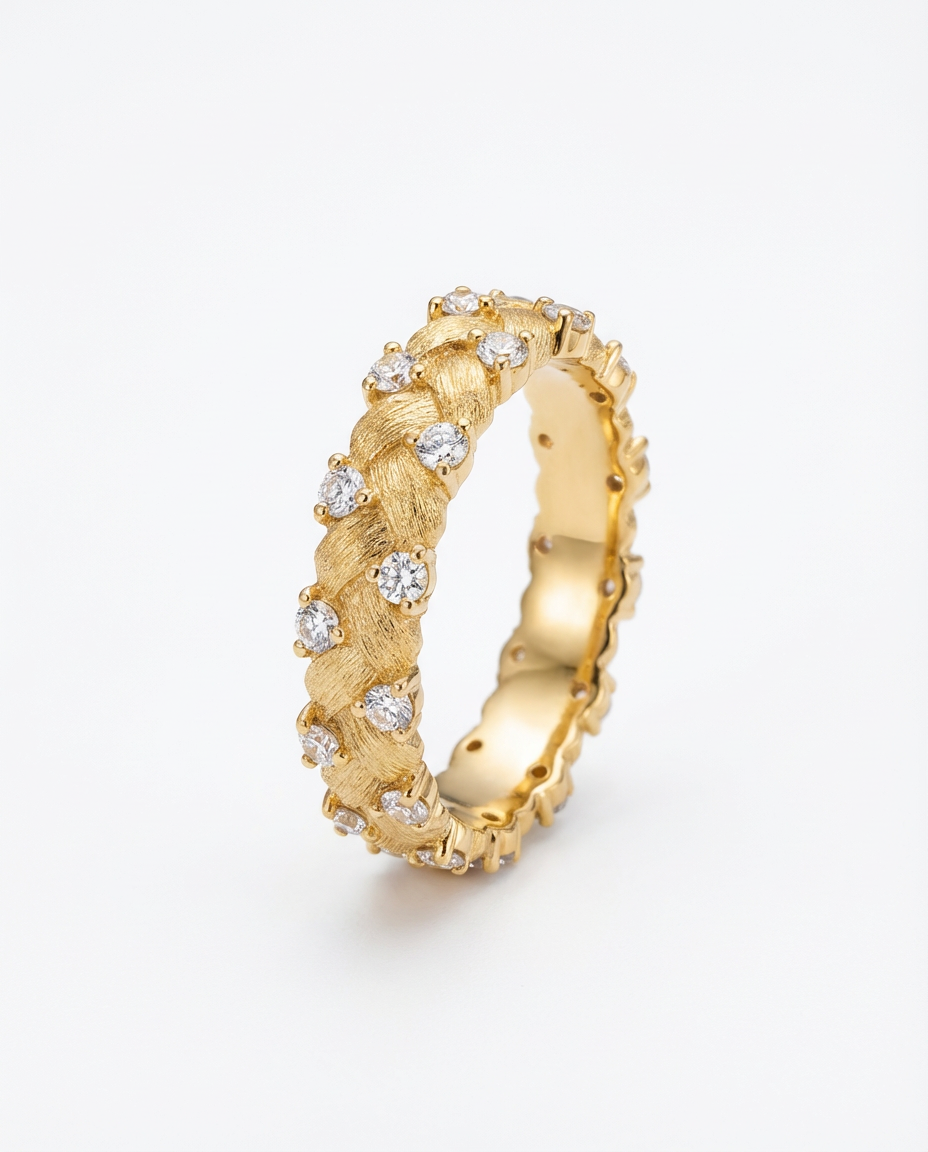 Gold ring with diamond accents on a white background