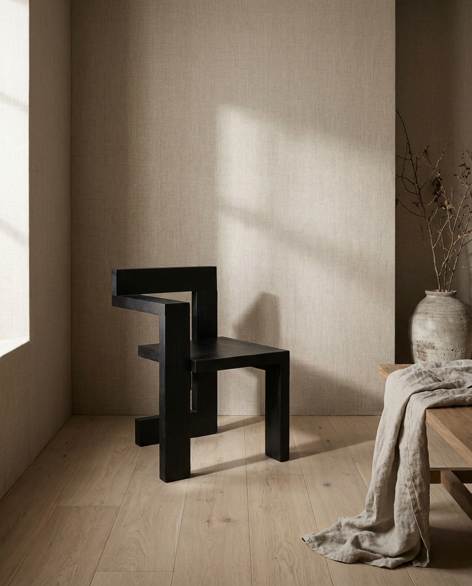 Modern black chair in a minimalistic room with natural light and decor.
