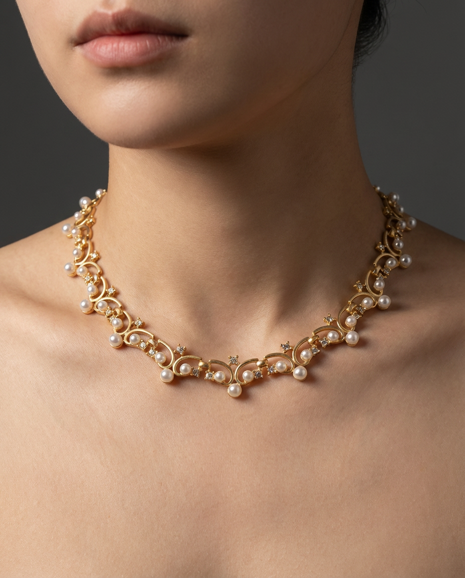 Pearl necklace on a model against a dark background