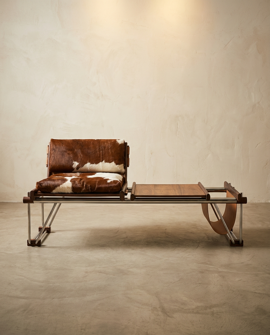 Modern leather lounge chair with cowhide pattern on a neutral background