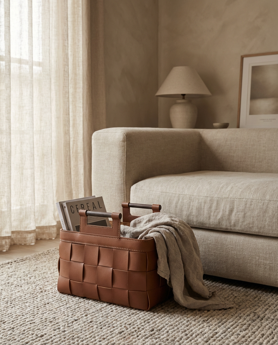 Brown woven basket with a blanket on a beige sofa in a living room.
