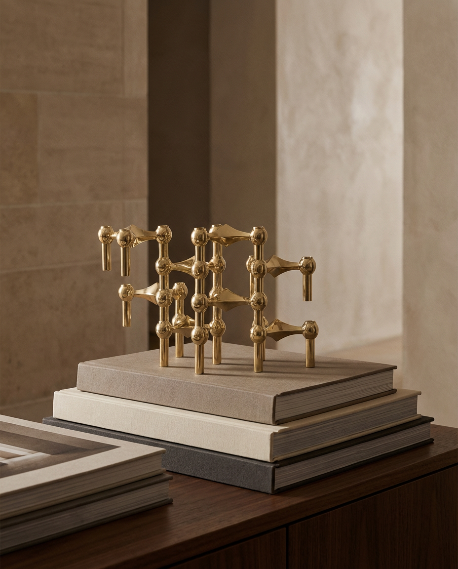 Decorative gold sculpture on a stack of books with a neutral background