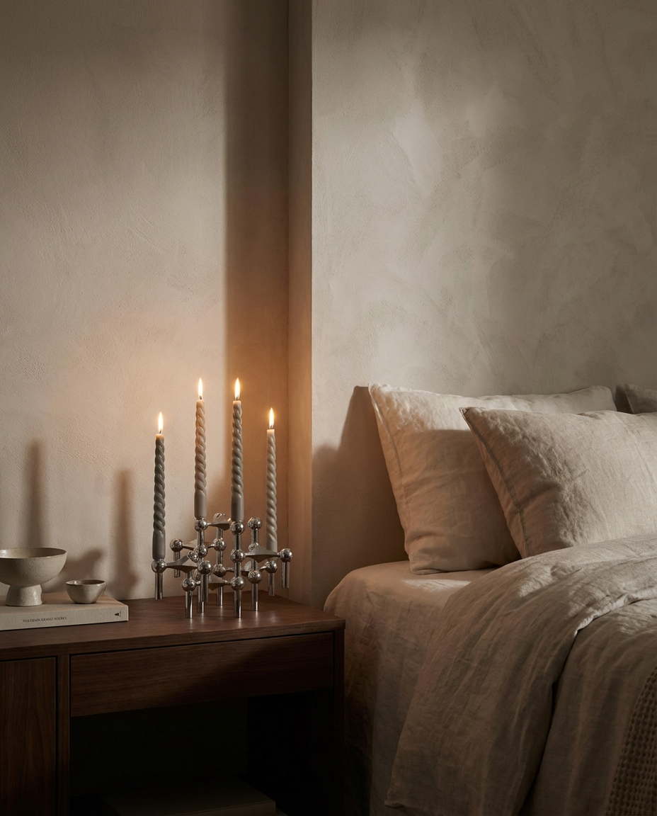 Bedroom with lit candles on a nightstand and soft lighting.