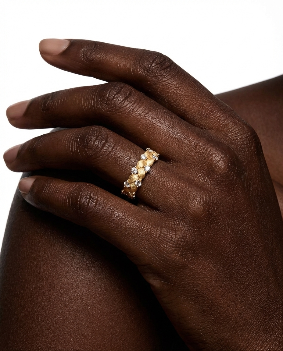 Gold ring on a dark-skinned hand against a white background