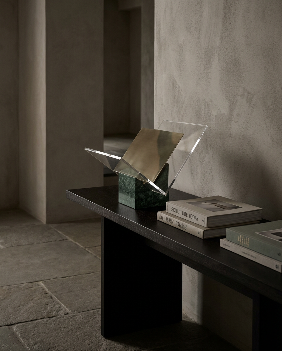 Modern interior with a dark wooden console table against a gray wall.