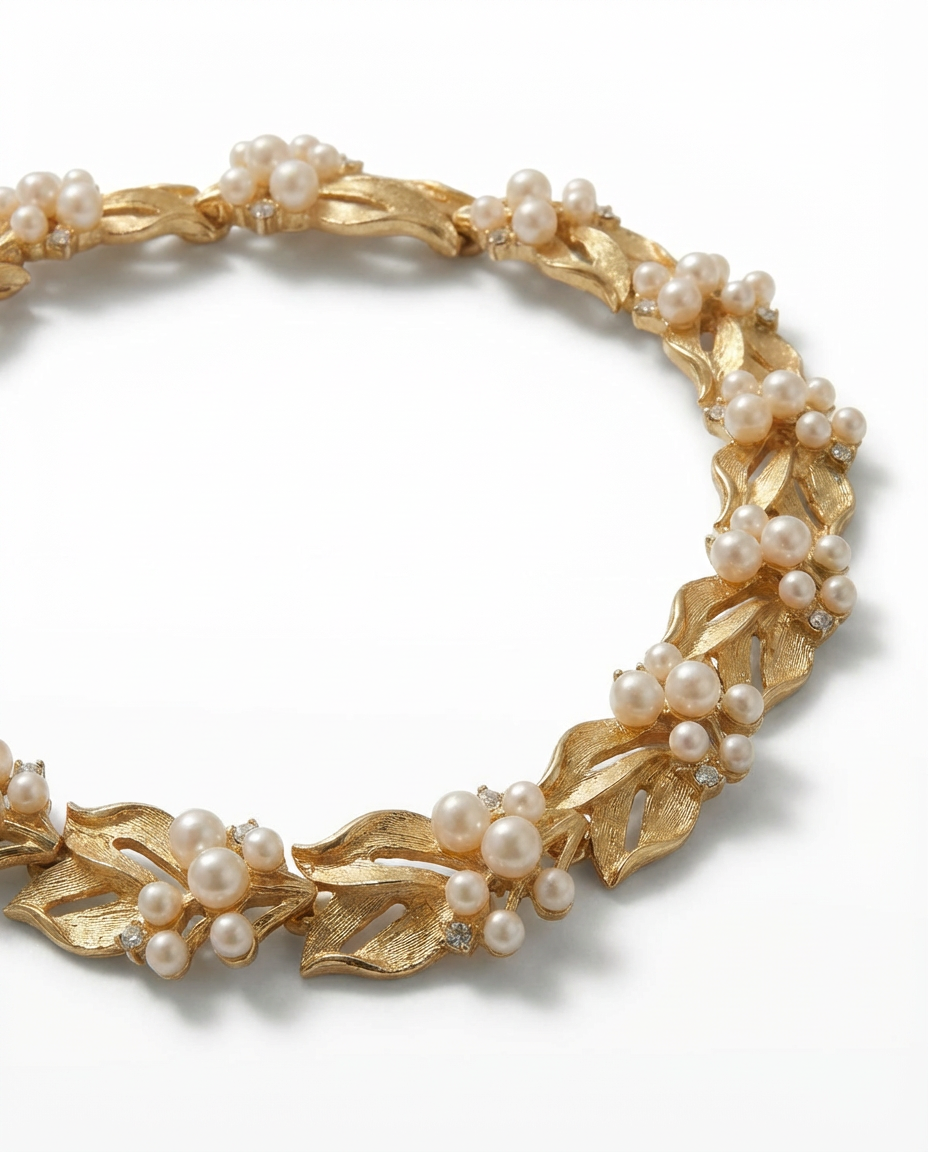 Gold bracelet with pearls on a white background