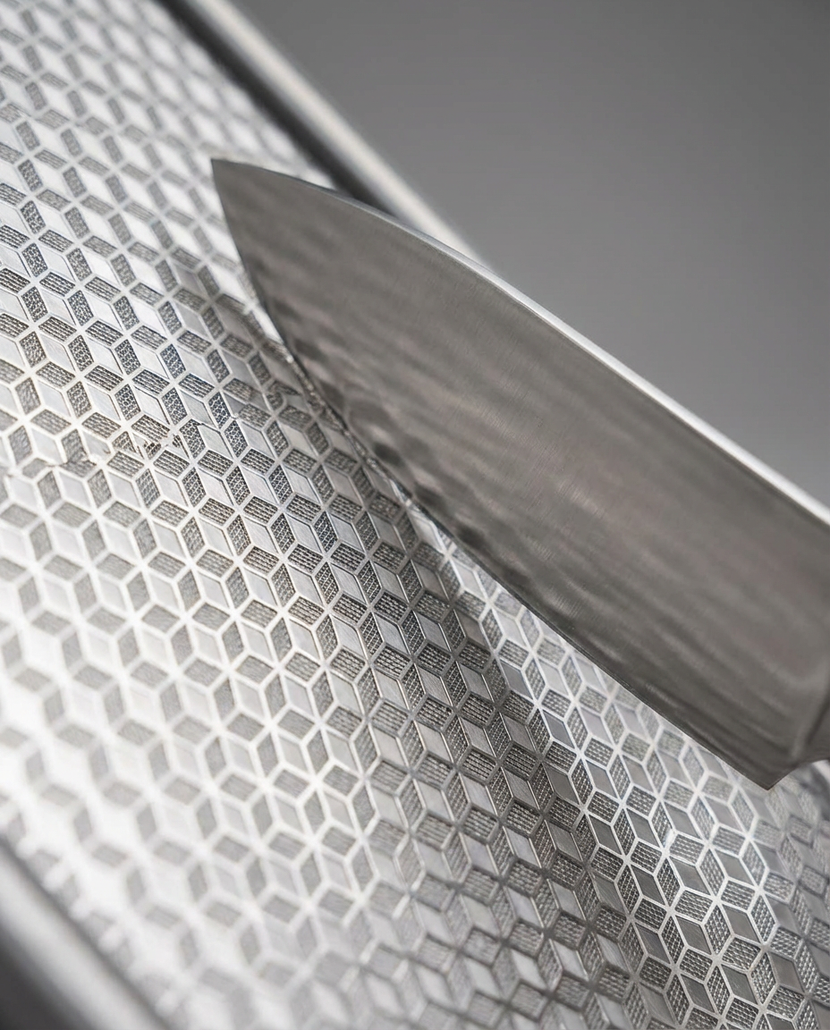 Close-up of a chef's knife with a textured blade on a metallic surface