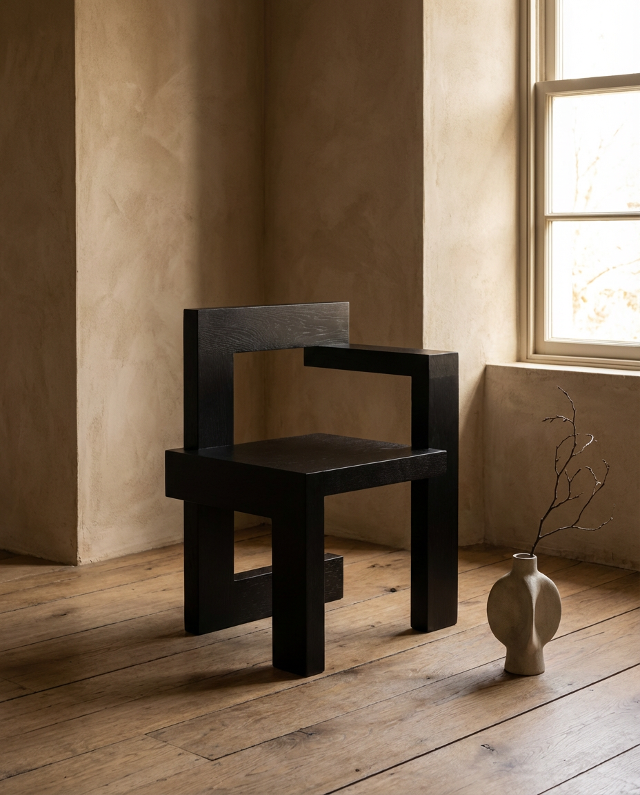 Modern black chair in a room with wooden floor and beige walls