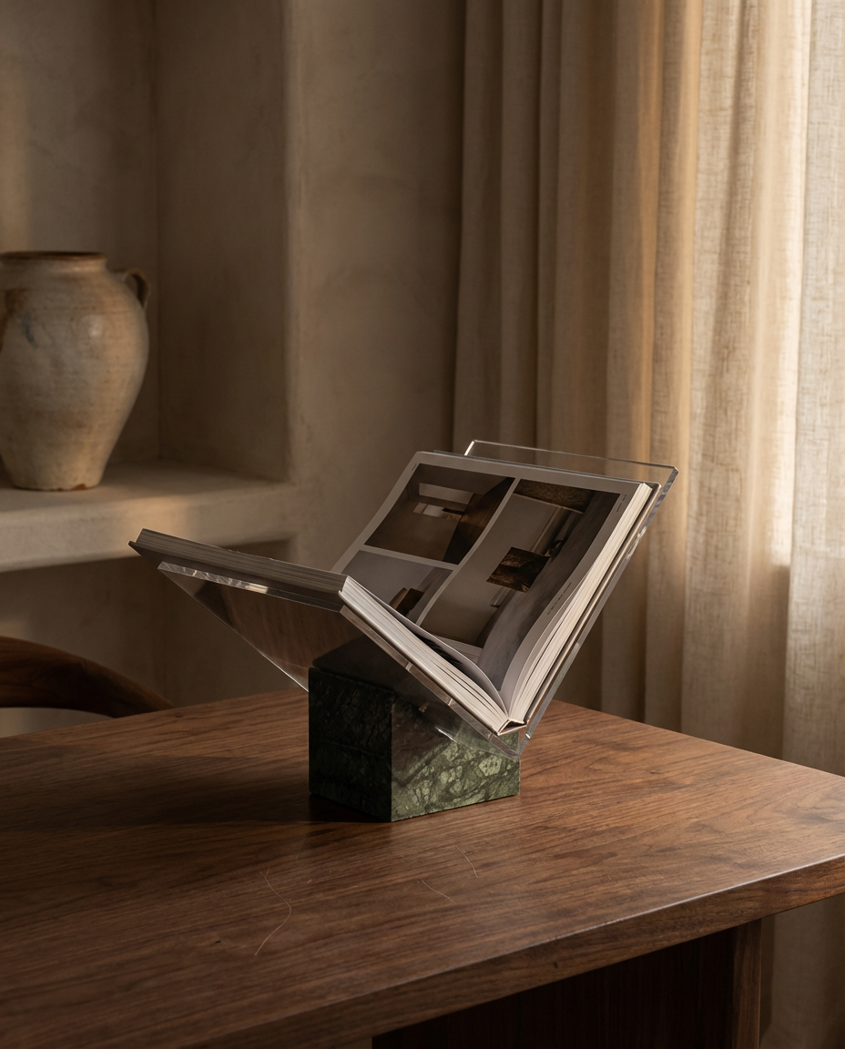 Open book on a marble stand with a vase in the background
