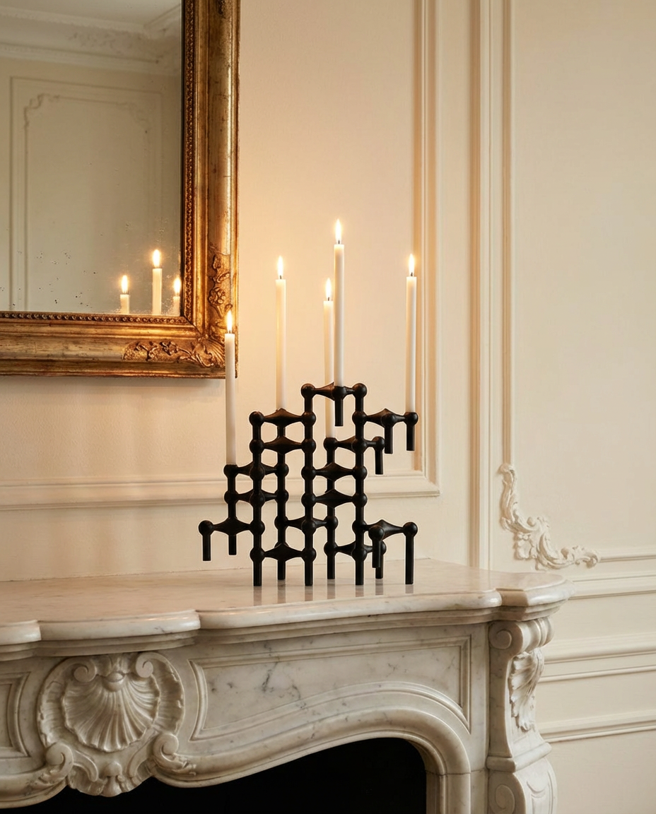Decorative black candle holder on a marble fireplace mantel with candles and a mirror in the background.