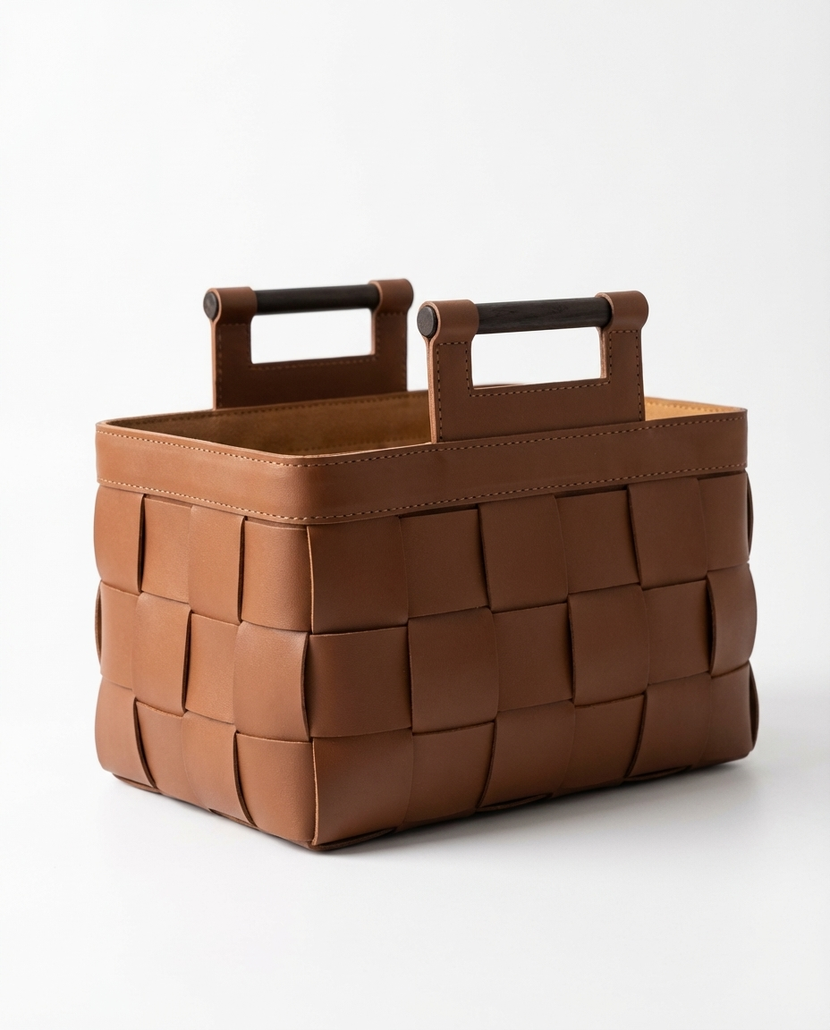 Brown woven basket with handles on a white background